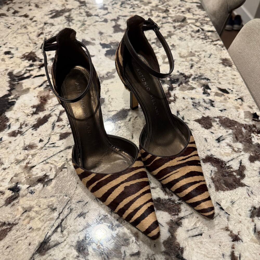Antonio Melani Zebra Print Calf Hair Pointed Toe Pumps Heels Size 8.5